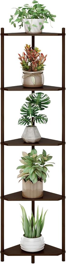 Wisuce Corner Shelf Stand - 5 Tier Walnut Bamboo Small Corner Bookshelf for Office Kitchen Bedroom Plant Stand Living Room Decor Small Space