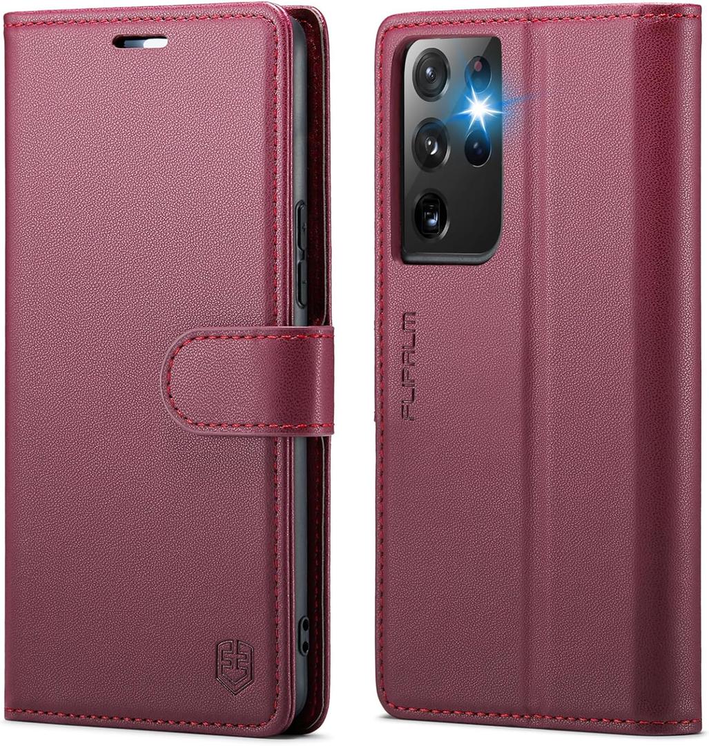 Wallet Case for Samsung Galaxy S21 Ultra, RFID Blocking Credit Card Holder, PU Leather Folio Flip Kickstand Protective Shockproof Cover for Samsung S21 Ultra (Red)