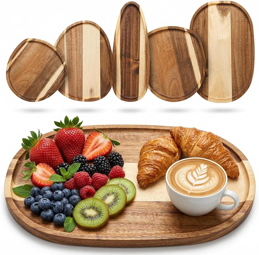 Okllen Set of 5 Small Acacia Wood Serving Platter and Trays, Irregular Oval Solid Wood Plates Serving Tray, Lightweight Wood Dinner Plates for Breakfast, Coffee, Tea, Snack, 6.3~11.7" L, 5.1~8.2" W