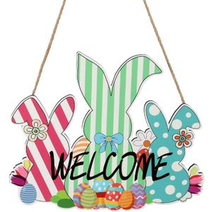 Lyeasw Easter Welcome Sign for Front Door- Easter Bunny Wreaths Wall Hanging Decor for for Spring Holiday Coffee Shop Bakery, Wooden Rabbit Decorations for Yard Front Porch Party Outdoor(Bunny & Eggs)