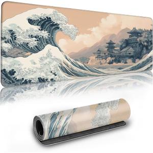 Long Gaming Mouse Pad Extended Anime Large Desk Pad with Non-Slip Base Full Keyboard Mat with Stitched Edges for Gaming and Office 31.5 x 11.8 inches (Town Wave)