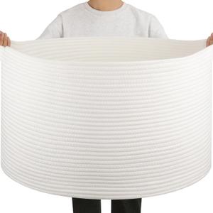 OIAHOMY 90L Large Blanket Basket with Handle, Blanket Storage for Living Room 23" x 23" x 13", Laundry Basket for Blankets, Pillows, Large Woven Rope Baskets for Kids, Dogs Toys - White