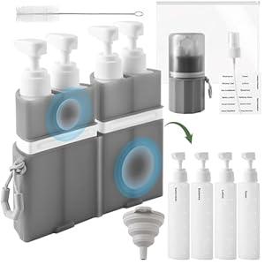 SESENSE 4-in-1 Travel Bottles for Toiletries, TSA Approved Travel Size Toiletries, Leak Proof Refillable Travel Size Shampoo and Conditioner Sets with Wall-Mountable Suction Cup, Gray