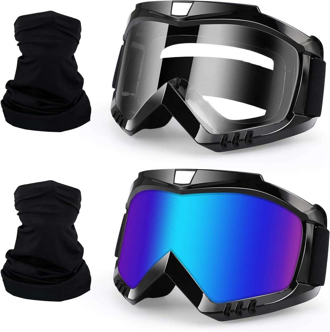 Motorcycle Motocross Goggles 2-Pack with Neck Gaiter, ATV Dirt Bike Goggles Bike Riding Offroad Wide Vision Glasses with Breathable Mask for Men Women Youth KidsColor+Clear