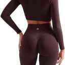 SUUKSESS Women 2 Piece Workout Sets Hidden Scrunch Hip Lifting Seamless Leggings Long Sleeve Yoga Crop Tops Size L, Espresso