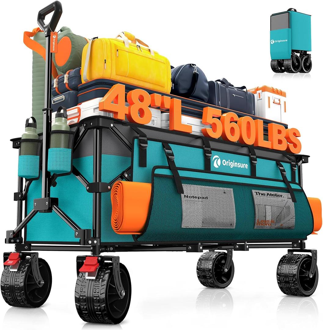 48" L Collapsible Wagon Cart Foldable, 560lbs Weight Capacity 300L Heavy Duty Folding Beach Wagons with Big All-Terrain Wheels, Utility Carts for Groceries, Shopping, Camping, Sports - Grey&Turquoise