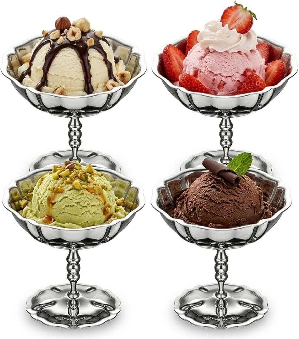 Ice Cream Cups Set of 4 Stainless Steel Dessert Bowls with Pedestal Base, Footed Bowl Lotus Design, Silver Bowls for Ice Cream, Yogurt, Fruit, Sundae