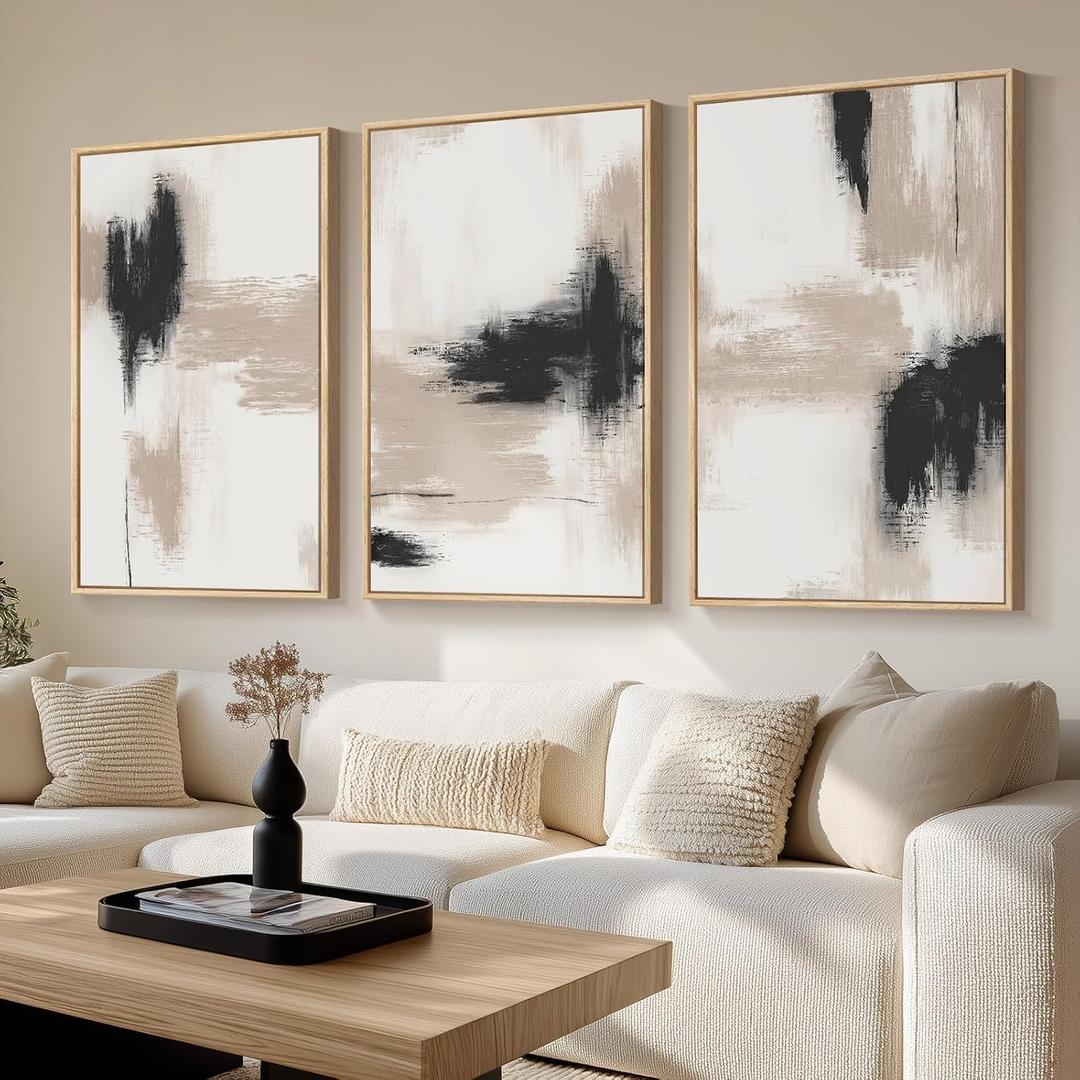 Framed Large Neutral Abstract Wall Art for Living Room, 3 Piece Modern Canvas Artworks, Minimalist Painting Prints for Dining Room Hallway Home Office Wall Decor, 24x36 In