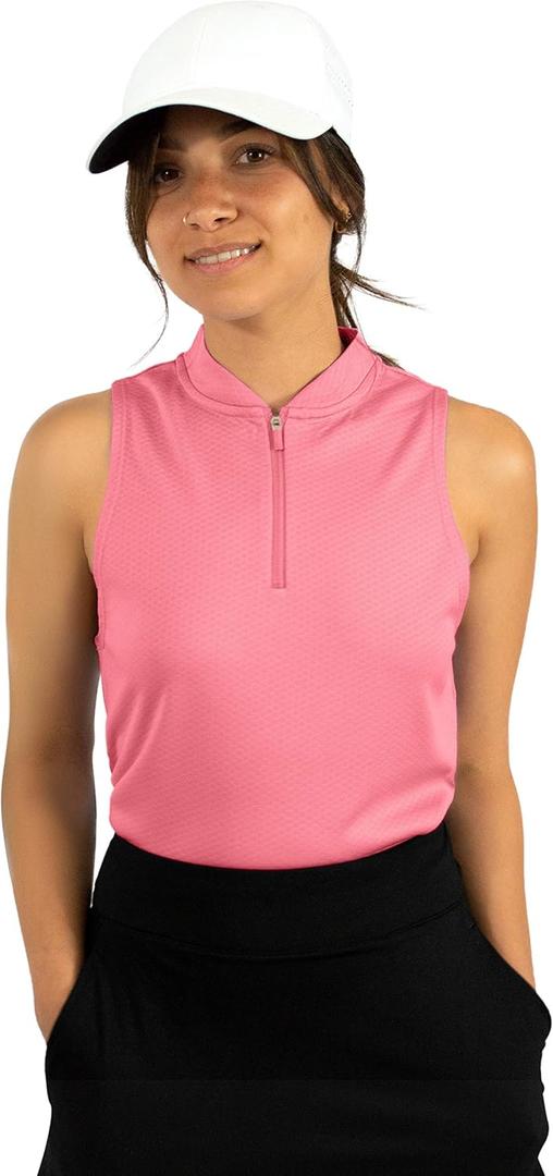 Three Sixty Six Womens Sleeveless Collarless Golf Polo Shirt with Zipper - Quick Dry Tank Tops for Women (Medium, Coral)