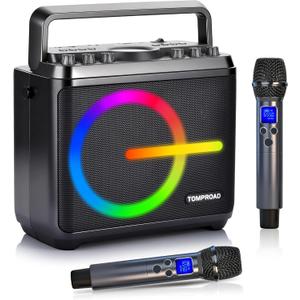 Karaoke Machine, Bluetooth Speaker with 2 Wireless Microphones, Portable Voice Amplifier PA System for Adults Kids with LED Lights Support Bass/Treble Adjustment, TF Card/USB, REC for Home Party