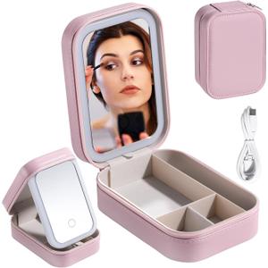 BS-MALL Travel Cosmetic Mirror Case LED Makeup Mirror Storage Case for Eyelash Station Brushes Cosmetic Tools Pink On-the-go Makeup Needs (Pink)