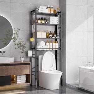 Over-The-Toilet Storage Rack 4-Tier,Bathroom Organizer Shelf Over Toilet,Adjustable Wooden Shelves and Basket,Freestanding Above Toilet Shelf,Space Saver for Rooms(Black Rack-Black Shelves), Large