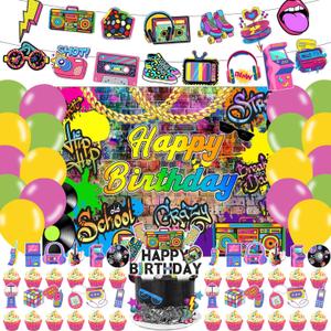 59 Pcs Hip Hop Birthday Party Supplies, Back to The 80s Themed Party Decoration Retro 90s Backdrop Balloons Cake Cupcake Topper for Rock Hippie Themed Party Decor