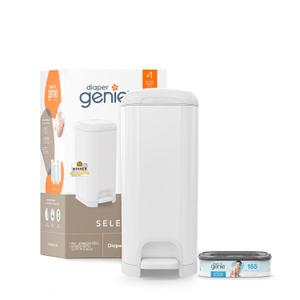 Diaper Genie Select Pail is Made of Durable Stainless Steel and Includes 1 Starter Square Refill That can Hold up to 165 Newborn-Sized Diapers. (White)