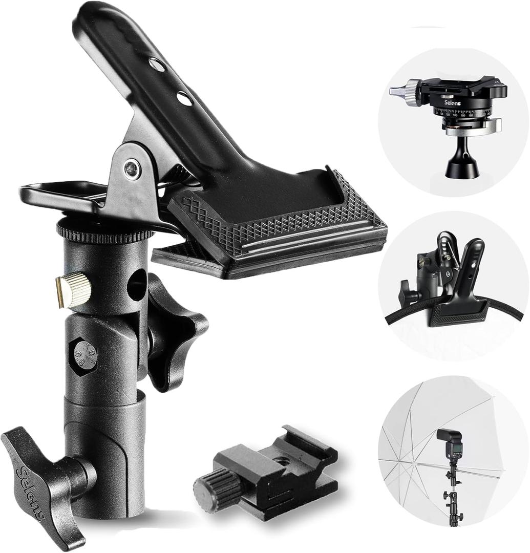 Selens Photography Reflector Clamp Holder Speedlite Hot Shoe Bracket with 1/4" & 3/8" Screw Mount with Photo Studio Light Stand, Lighting Umbrella Reflector (One Pack)