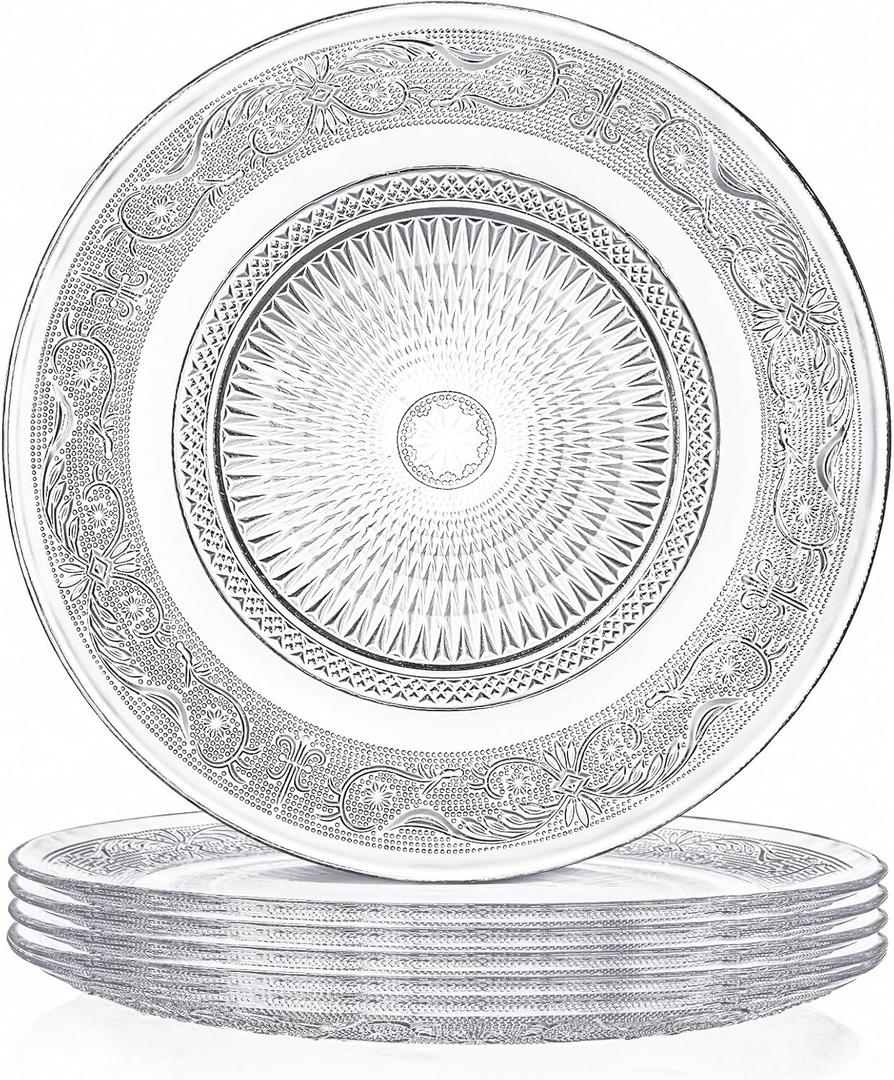 Elsjoy 6 Pack 10 Inch Large Glass Dinner Plate, Clear Round Serving Plate Vintage Embossed Dinnerware for Salad, Pasta, Fruits