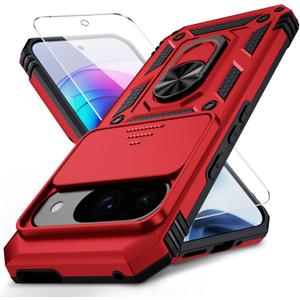 for Google Pixel 9 Pro XL Case with Camera Lens Cover, HD Screen Protector, 10 FT Military Grade Drop Protection, Magnetic Ring Holder Kickstand Protective Phone Case, Red