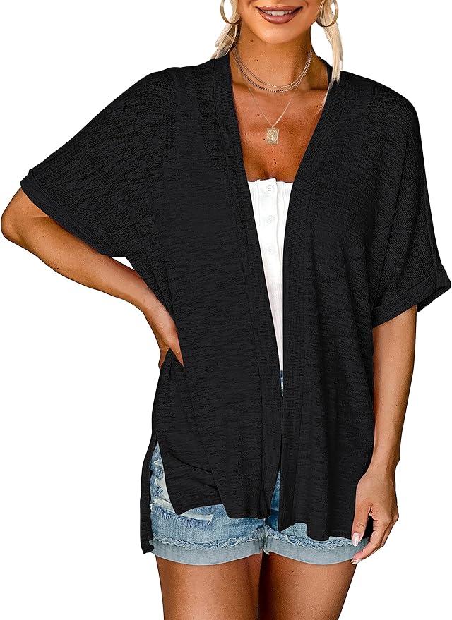 MEROKEETY Womens 2025 Summer Lightweight Cardigan Short Sleeve Open Front Casual Loose Cover Ups, Large