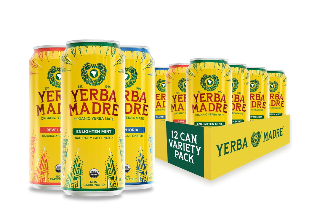 Yerba Madre Organic Yerba Mate, Best Sellers Variety Pack, Energy Drink Alternative, 150mg Plant Based Caffeine, Smooth Energy & Focus, No Jitters or Crash, 15.5oz Cans (Pack of 12)