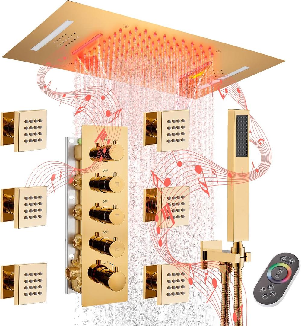 MONDAWE 23-Inch 64-Color LED Music Thermostatic Shower Jet System Set, Ceiling Mount Waterfall Rainfall Luxury Rain Shower Head System with Handheld, Gold