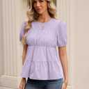 Rapbin Womens Puff Short Sleeve Babydoll Tops Summer Peplum Pleated Cotton T Shirts Casual Loose Fit Flowy Blouses (L)