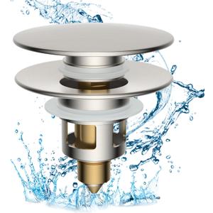 Hibbent All Metal 2 in 1 Bathroom Sink Stopper, Universal Pop Up Drain Strainer, Brass Bullet Core Push Type Sink Stopper for 1.1''~2.3'' Basin, Big Push Button, Anti Clogging Filter, Brushed Nickel