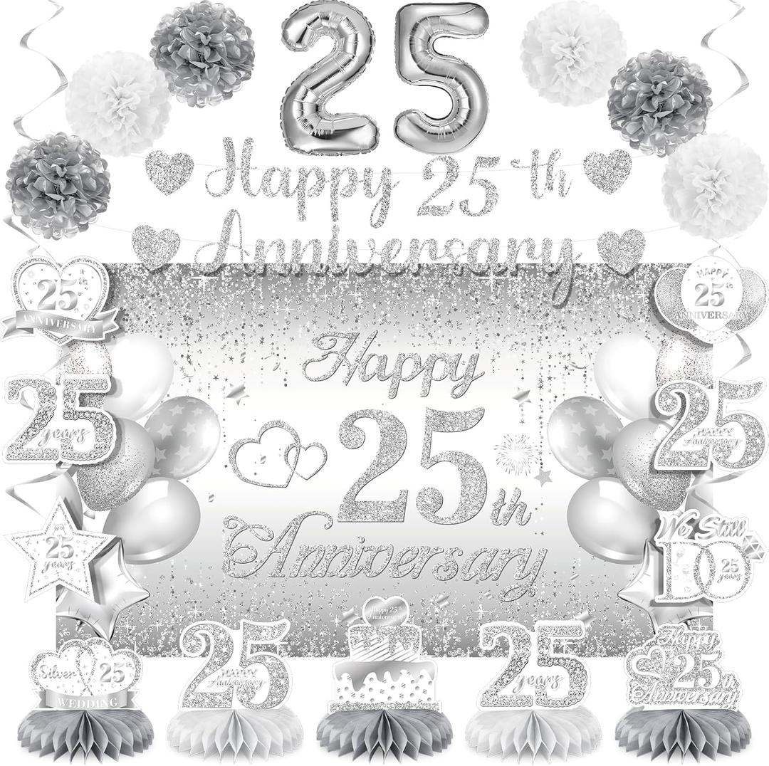Silver 25th Wedding Anniversary Decorations Banner, 25th Anniversary Table Centerpieces Hanging Swirls Tissue Pompoms Foil Balloon for 25 Years Silver Wedding Party Decoration Supplies