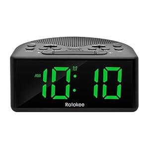 Ratakee Digital Alarm Clock Radio for Bedroom with AM/ FM Radio, Earphone Port, Easy to Read 1.4” LED Digits, Preset, Sleep Timer, Dimmer, Snooze, and Battery Backup, Plug-in/ Battery Powered