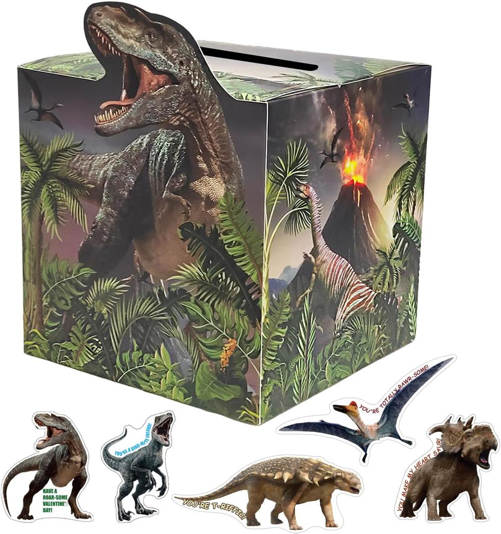 SietDESEO Valentines Cards Box for Kids Dinosaur Valentines Cards for Kids Classroom Exchange School Valentines Mailbox with 30 Dinosaur Cards
