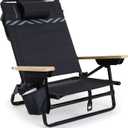 WOVN Premium Reclining Beach Chairs - Portable Lay Flat Folding Beach Chair for Adults - Includes Shoulder Backpack Strap, Pillow, 2 Pockets, and Cup Holder - Black