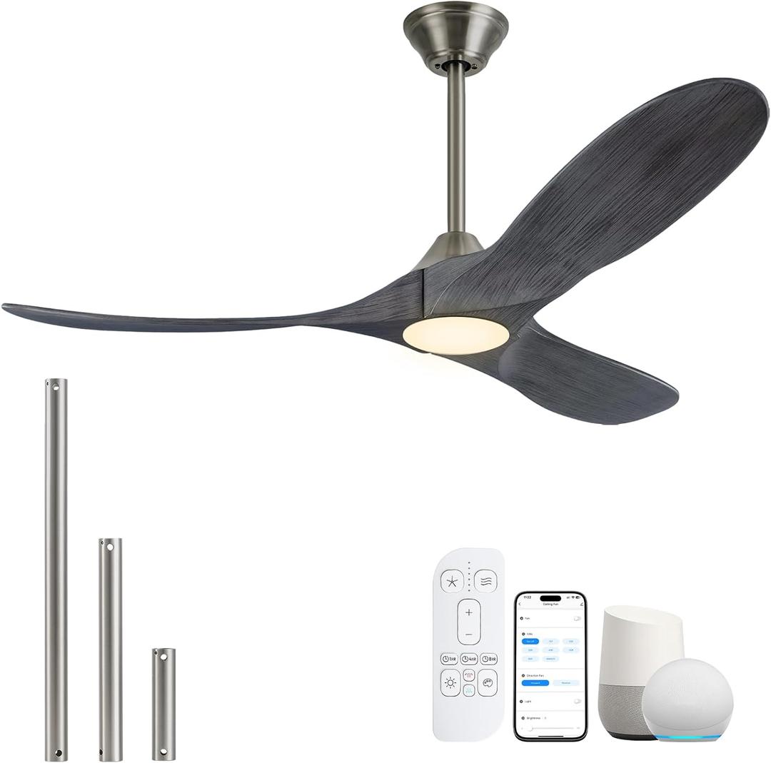 52 inch Ceiling Fans with Lights Solid Wood Outdoor Smart Ceiling Fan for Patio with Alexa/Tuya App, 3 Gray Propeller Blades, High CFM Ceiling Fan for Living Room Bedroom Gazebo, ETL Listed