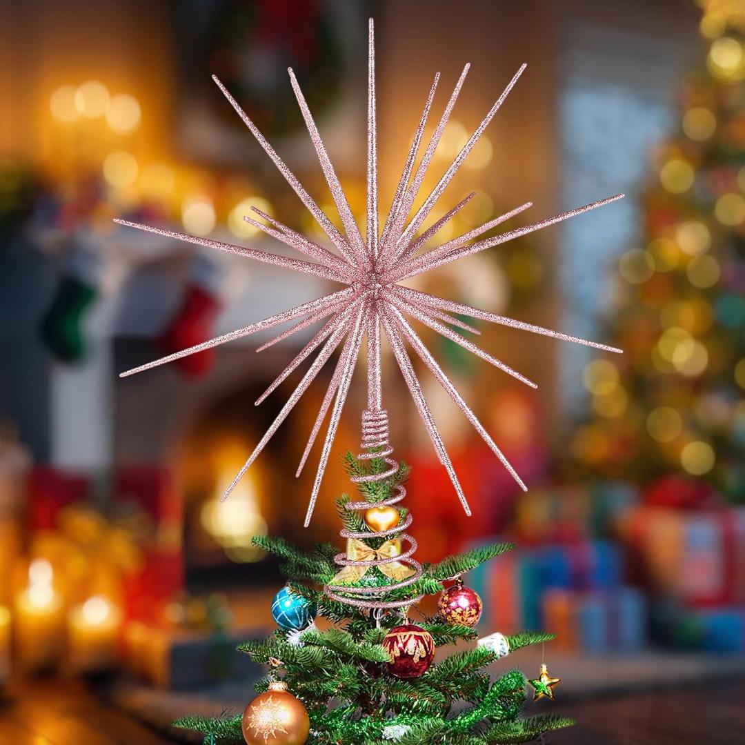 13.8 Inch Pink Christmas Burst Tree Topper Glittered 3D Burst Plastic Tree Topper Exploding Star Christmas Decoration for Home Ornaments Holiday Party Supplies