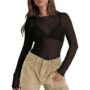 WIHOLL Womens Mesh Sheer Tops Sexy Crew Neck Summer Loose FIt Party Clubwear Shirts Small