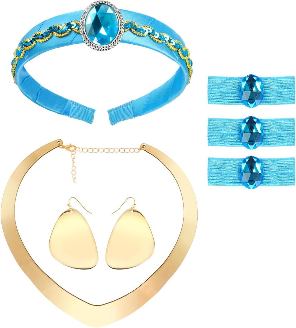 Pterosauria Princess Costume Accessories for Women girls include headband Gold Necklace and Earrings Hair Ties Halloween Dress Up Cosplay Party Supplies(7PCS)