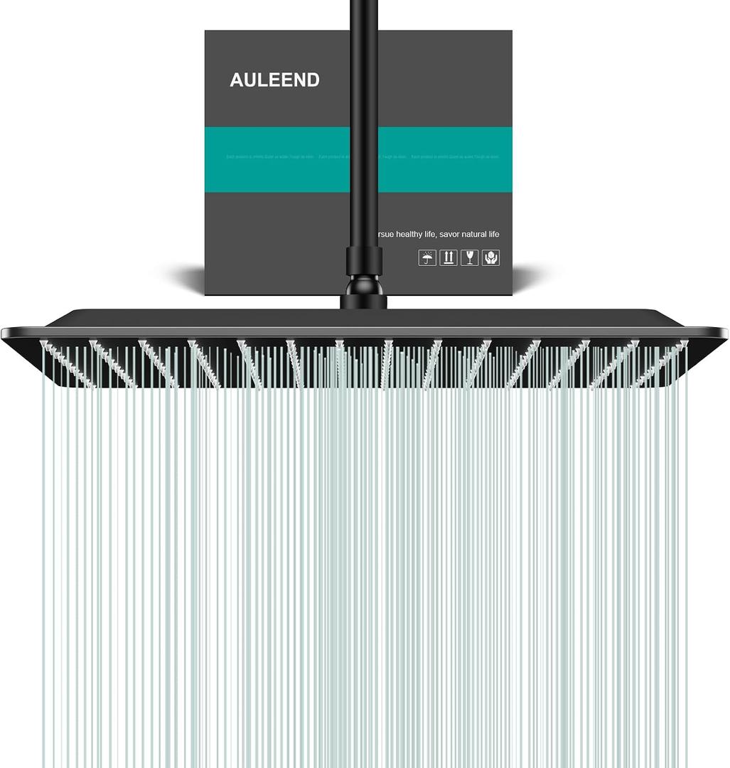 Square Rain Shower Head, High Flow Stainless Steel,Work with any decorative styleAll Metal Rainfall Shower Head (Matte Black, 16)