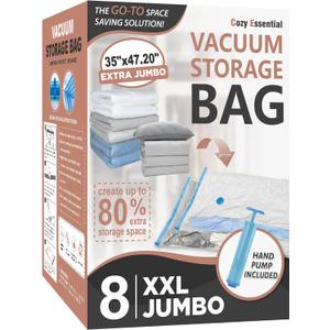 Cozy Essential Vacuum Storage Bags, 80% Compression Vacuum Seal Space Saver Plastic Packaging Bags for Clothes, Blankets, Pillow, Bedding, Comforters, Sealer Clothing Storage,8 XXL Jumbo