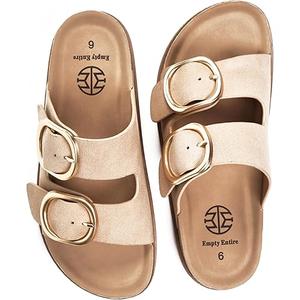 Women's Cork Sandals | Arch Support ,Fashion Slides with Oversized Metal Buckle ,Soft Microfiber Suede Upper ,Comfortable Sandals for Women - Size 10, Apricot
