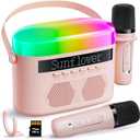 Karaoke Machine for Kids & Adults with 2 Wireless Mics 2400mAh Portable Bluetooth Karaoke Speaker with Timer White Noise & Night Light High Power Dual Speaker LED Display Home & Outdoor Party - Pink