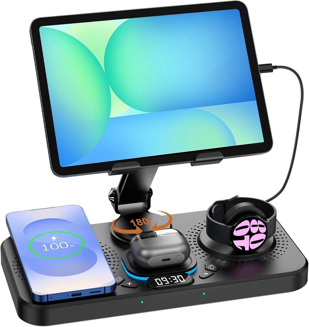 30W Magnetic Wireless Charger for Samsung Foldable Android Mag-Safe Charging Station for Galaxy Tab with Clock &7 Color Light, Watch Charger for S25 Ultra, for Samsung Watch8, Galaxy Buds3 Pro(Black