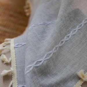 Short Curtains for Small Window 1 Panel,1 x 52W x 18H,Light Gray Bistro Curtains,Embroideried Stripes Pattern with Tassels Short Curtain with Rod Pocket