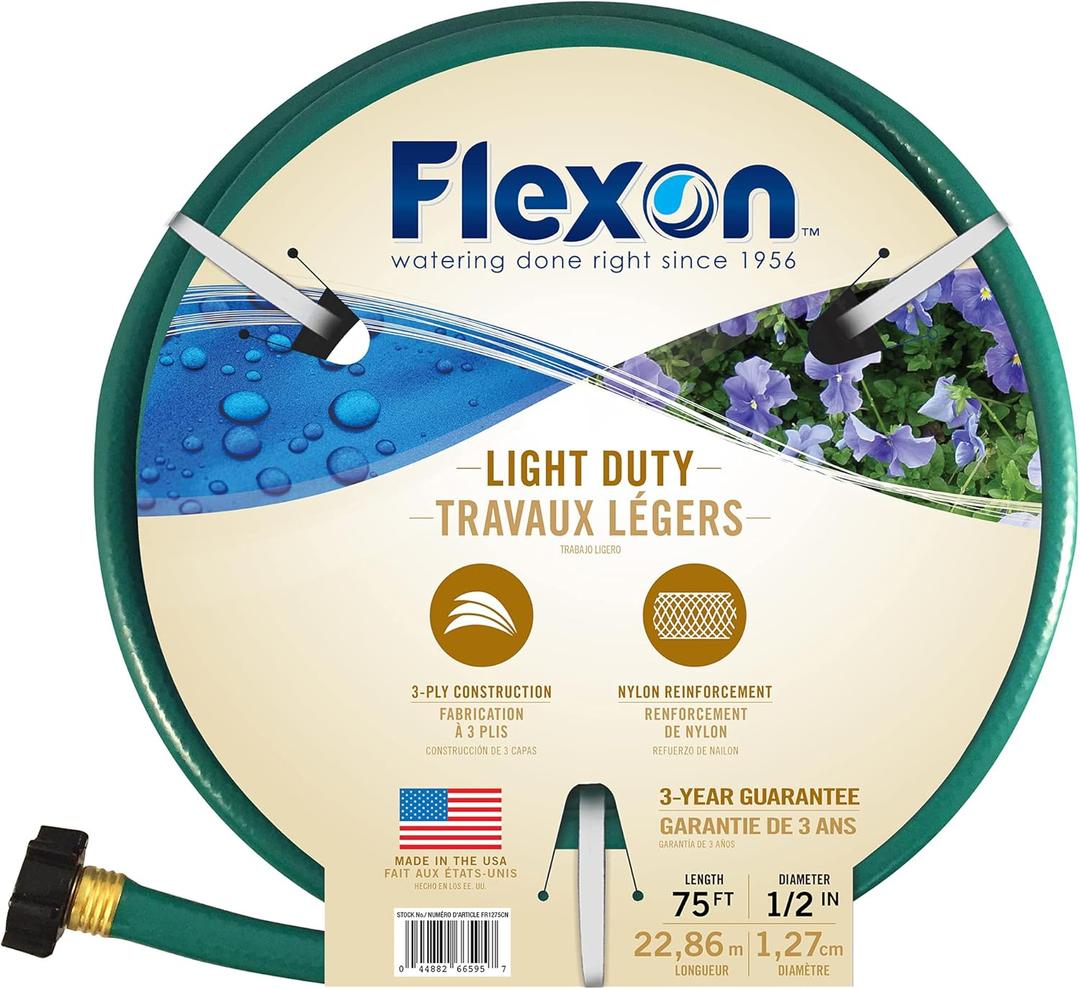 Flexon 1/2" x 75ft Light Duty Garden Hose  Lightweight, Flexible, Kink-Resistant, Durable Vinyl, Leak-Proof Couplings, Weather-Resistant Water Hose for Lawn, Garden, and Outdoor Use
