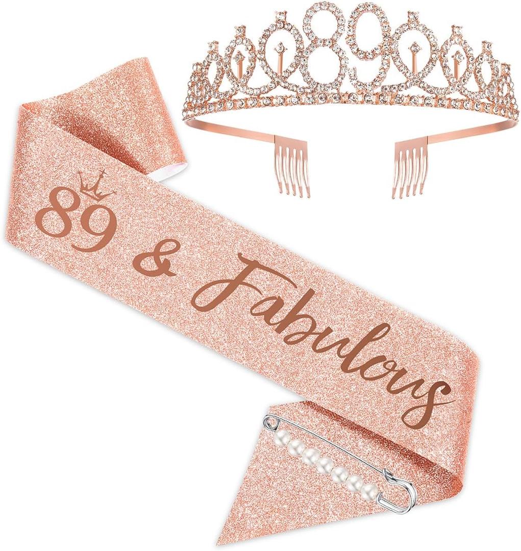 BRT Bearingshui 89th Birthday Sash and Tiara for Woman, Rose Gold Birthday Sash Crown 89 Fabulous Sash and Tiara for Woman, 89th Birthday Gifts for Happy 89th Birthday Party Favor Supplies