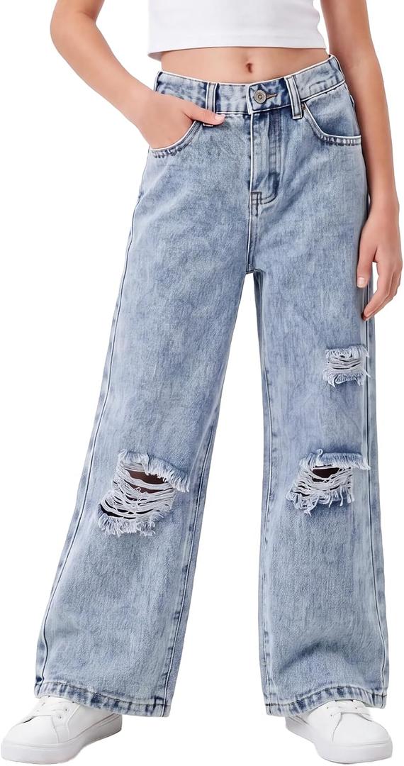 PATPAT Girls Ripped Jeans 13-14Y, Elastic Mid-Waist Baggy Wide Leg Denim Pants, Y2K Streetwear, Trendy Clothes for Teens Light Blue
