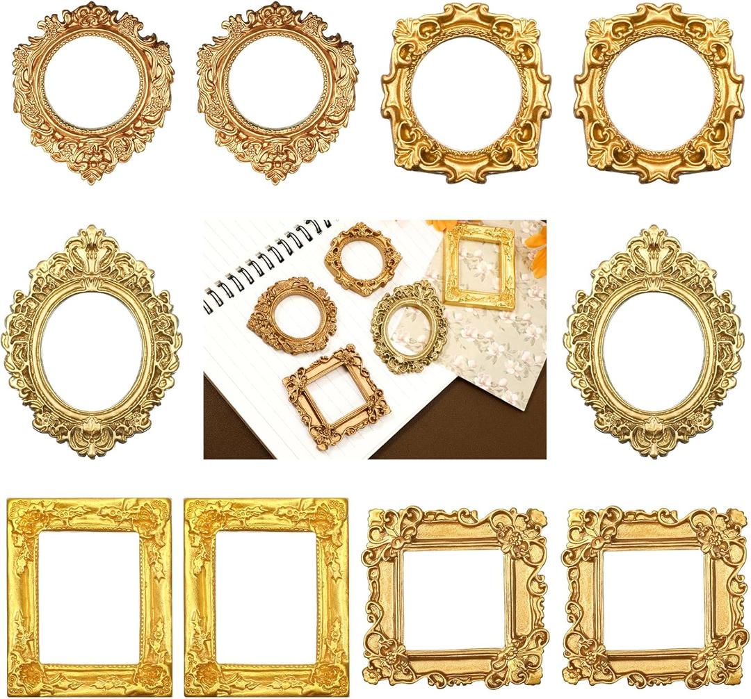 2 x 10pcs Mini Gold Picture Frames, Vintage Small Antique Resin Picture Baroque Miniature Picture Frames Oval Rectangle Wall Hanging Display Table Frame for DIY Photo Holiday Party Wedding Decoration