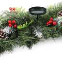 2024 Christmas Candle Holder, 30" Abundant Table Centerpiece w/ 3 Candle Trays, Artificial Decor w/ 68 Pine Needles, 8 Cones, 10 Strings of Red Cherry & Snowy Leaves