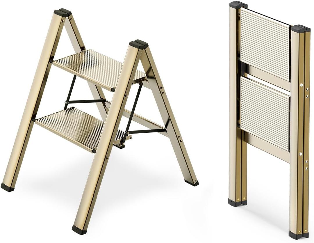 WOA WOA 2 Step Ladder, Foldable Step Stool, Aluminum Lightweight Ladder for Home Kitchen Closet, Anti-Slip Pedals, Ease of Folding, Portable, 300lbs Capacity - Gold