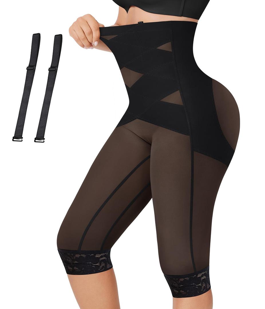 RDSIANE Capri Leggings for Women Tummy Control Shapewear Pants Thigh Slimmer Butt Lifting Leggings With Straps - Black, Large