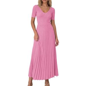 PRETTYGARDEN Women's 2026 Spring Midi Sweater Dresses Elegant Pleated Ribbed Knit Short Sleeve V Neck A Line Summer Outfits, Pink, Medium