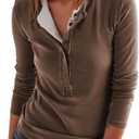 Yeokou Women's Ribbed Henley Top Long Sleeve Button Down Casual Knit Shirt Slim Fit V-Neck Layering Basics for Everyday Wear (Medium, Coffee)