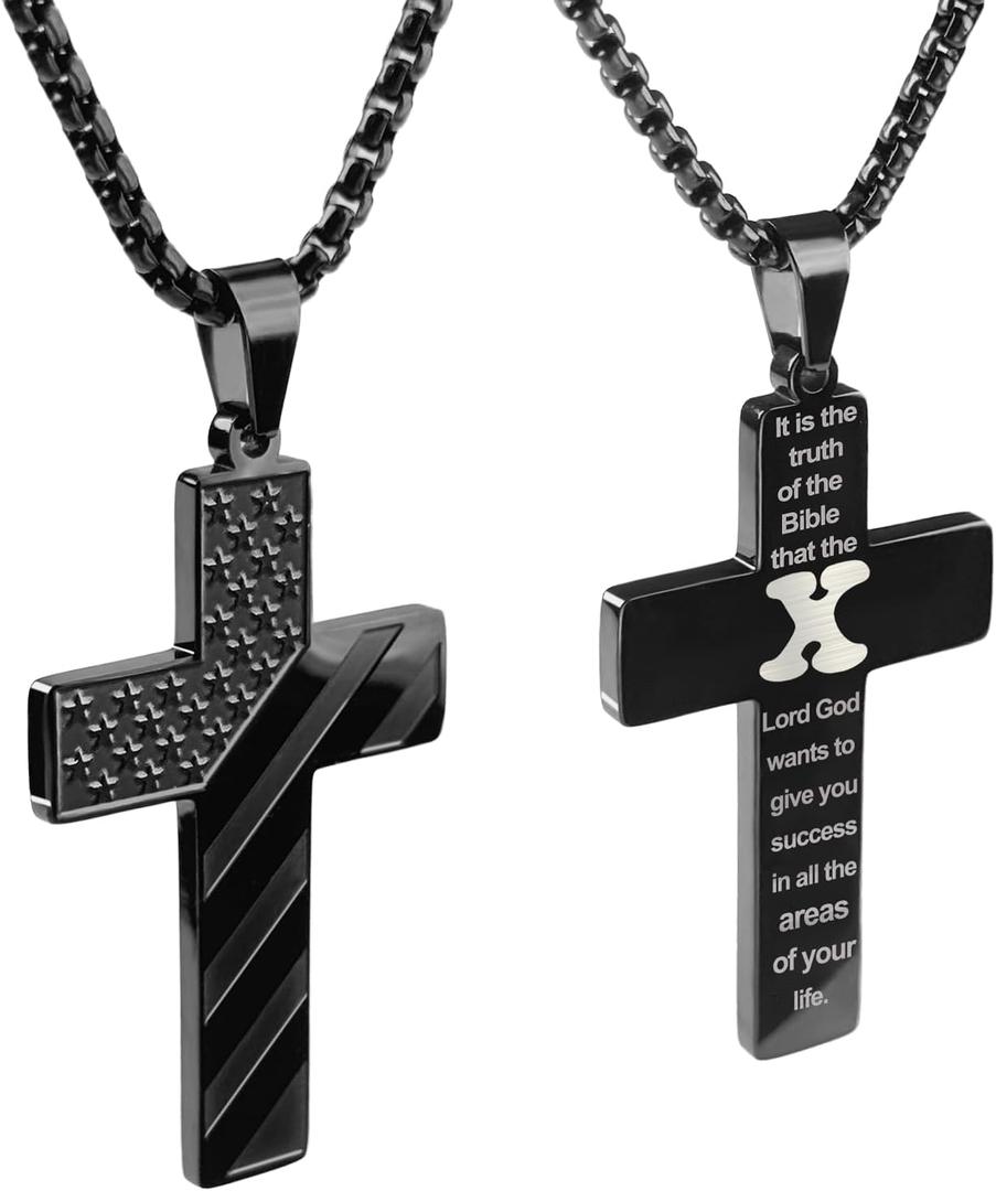 REGIS Cross Necklace for Men  Premium American Flag Stainless Steel with 24-Inch Lord's Prayer Pendant (black)
